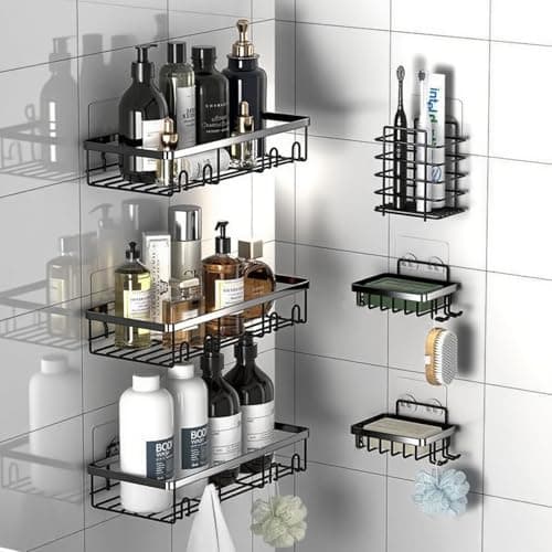 Image of Corner Shower Rack Set – 6-Piece Self-Adhesive No Drilling Wall Mounted, Carbon Steel Matt Black Bathroom Organiser, Includes 3 Shelves, 2 Soap Dishes, Toothbrush Holder, Razor Holder & 10 Hooks
