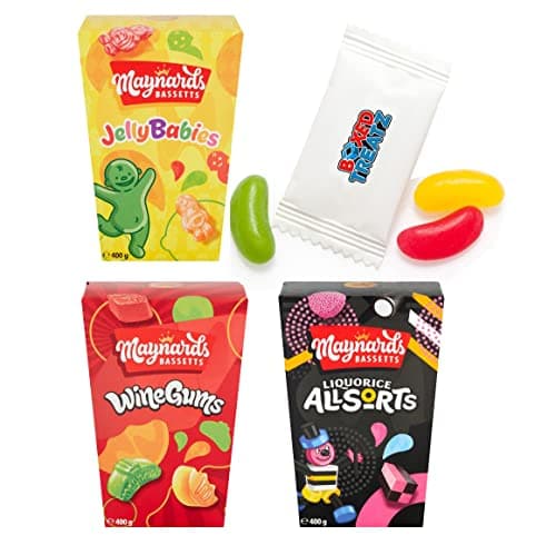 Image of Maynards Bassetts Sweet Selection 3 Boxes Liquorice Allsorts, Jelly Babies And Wine Gums 400g - 1.2kg Great Gift Party Pack Bundle Sweet Gift Bundle Boxed Treatz
