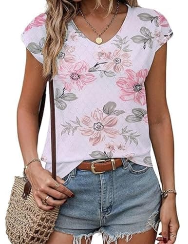 Image of Zeagoo Women's T-Shirts V Neck Cap Sleeve Ladies Summer Tops Loose Fitting Eyelet Embroidery Tee Shirts Pink Flowers XL