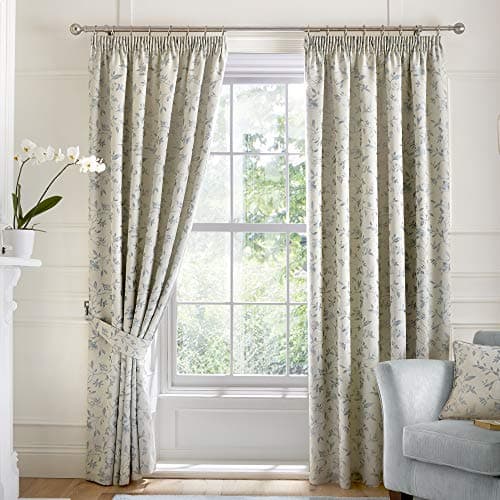 Image of Curtina Bird Trail-Jacquard Lined Pencil Pleat Curtains, Duck Egg, 46" Width x 54" Drop (117 x 137cm)