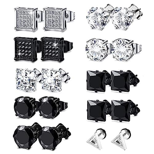 Image of Mens Earrings Studs, 10 Pairs Stainless Steel Stud Earrings for Men, 8MM Mens Square Diamond Stud Earring Silver Black Cubic Zirconia Boys Earring Gift for Father's Day (Silver)