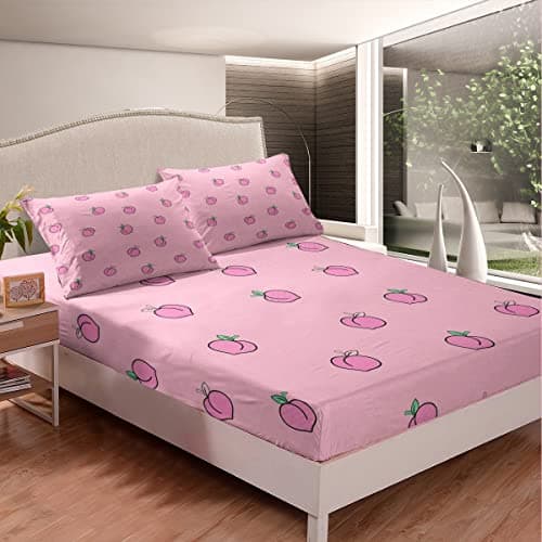 Image of Peach Fitted Sheet Kids Pink Kawaii Peaches Fitted Sheet Women Girls Cute Cartoon Fresh Fruit Baby Girl Microfiber Single Size