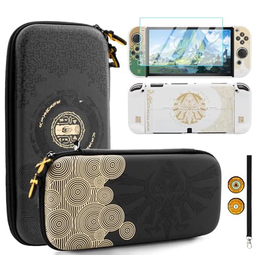 Image of HYPERCASE Black Carrying Case Compatible with Nintendo Switch OLED, with Shockproof Protective Cover of Zelda Tears of The Kingdom, Glass Screen Protector, 2 Thumb Caps, and Wrist Strap