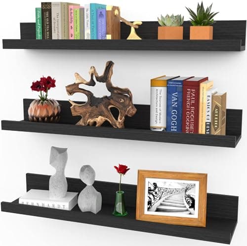 Image of Icona Bay - 61 cm / 24 Inch Floating Shelves for Wall - Set of 3 in Ebony Black - Modern Rustic Style - Wall Mounted Display Shelves - Picture Ledges