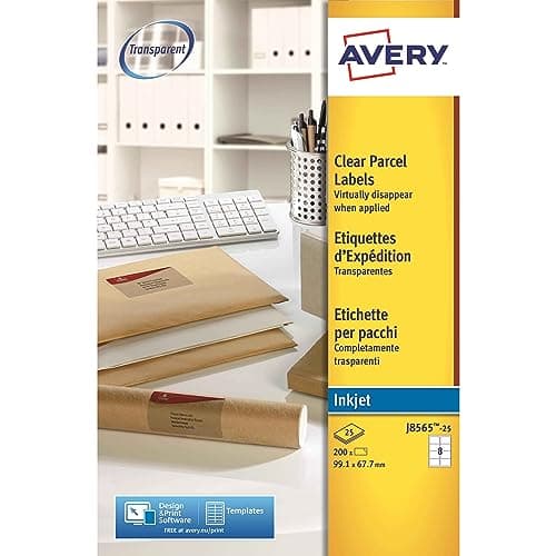 Image of Avery Printable, Customisable, Clear, Transparent Parcel Shipping Labels, Inkjet Printers, 8 Labels Per A4 Blank Sheet, 200 Labels, J8565-25