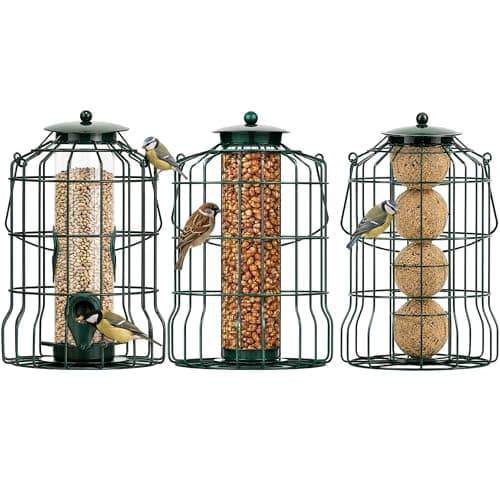 Image of Squirrel Resistant Bird Feeders For Seeds Fatballs Suets and Peanuts Green made from Metal can be hung from trees and feed stations in the garden - 3 pack by Jamieson Brothers