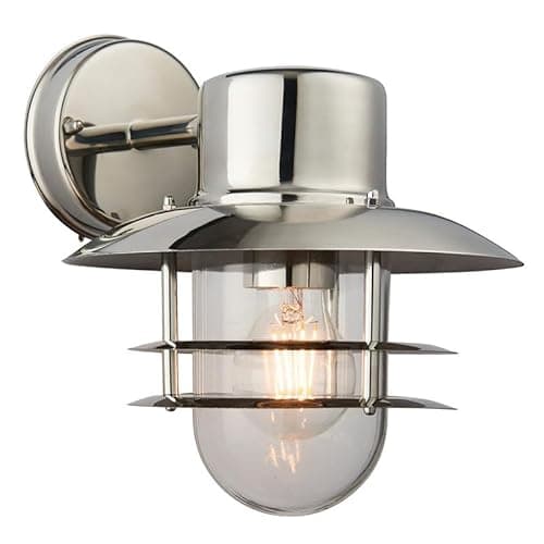 Image of National Lighting Lenny Outdoor Wall Lantern - IP44 Rated, Polished Stainless Steel 304 with Clear Glass Shade - 40W E27 GLS Base, Dimmable Exterior Light Fixture for LED or Halogen Bulbs