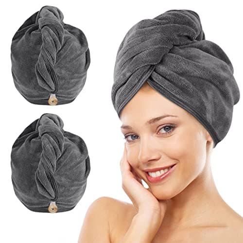 Image of KinHwa Microfibre Hair Towels Wrap Super Absorbent 30x70cm Large Dry Hair Turban for Women Wet Long Thick Hair 2 Pack Darkgrey