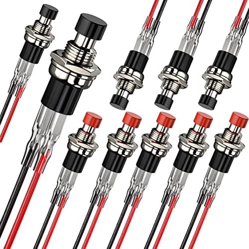 Image of DIYhz Momentary Push Button Switch, 1A 250VAC SPST Mini Pushbutton Switches with Wire Normally Open(NO) Black & Red Cap - 10pcs