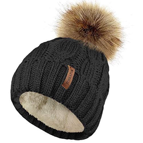 Image of TOSKATOK Ladies Chunky Soft Cable Knit Hat with Cosy Fleece Liner and Detachable Faux Fur Pompom-Black