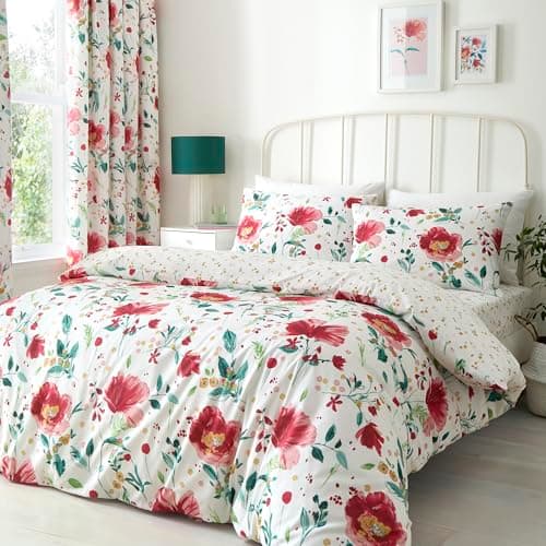 Image of Dreams & Drapes Abstract Poppy Duvet Cover Set Double 200 x 200cm – Polycotton Easy Care Floral Bedding, Reversible Modern Poppy Design with 2 Pillowcases