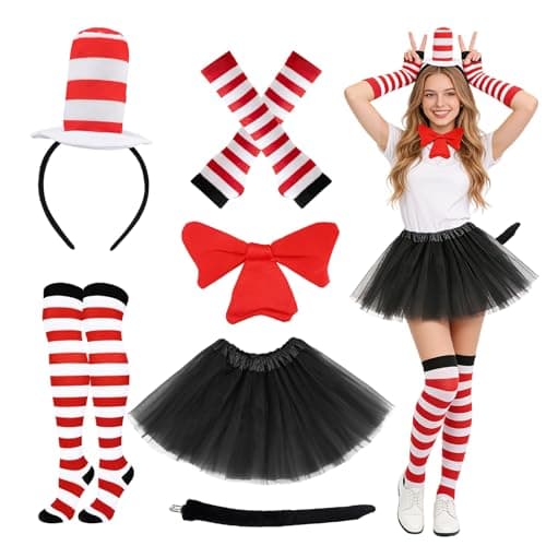 Image of Ravzlyz 6 Pcs Adult Cat Costume Accessory Set, Fancy Dress Up with Red White Striped Hat Headband Tutu Skirt Bow Tie Tail Striped Socks Sleeves for World Book Day Halloween Party Cosplay