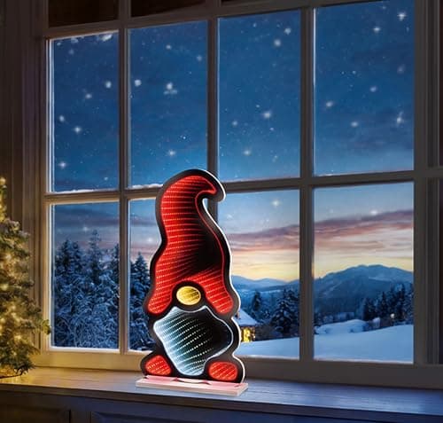 Image of Premier Christmas Gonk infinity light - led mirror tunnel light - 3D christmas light decoration - 60cm cute gonk – christmas gnome light - multi coloured indoor christmas lights.