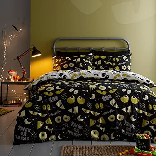 Image of Bedlam - Halloween Spooky Eyes Duvet Cover - Single Bedding Size (140 x 200cm) - Reversible (2 Colours) - Glow in the Dark Bedding Set - Creepy Monster Eyes Duvet Cover - Halloween Decorations