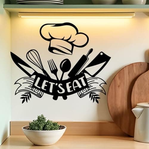 Image of SUPERDANT Let's Eat Wall Stickers Wall Decals Black Vinyl Wall Art Decor Peel and Stick for Home Kitchen Dining Room Restaurant Decoration