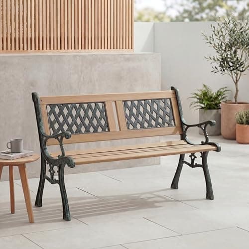 Image of Vida Designs Garden Bench, Twin Cross Style Design 3 Seater Outdoor Furniture Seating Wooden Slats Cast Iron Legs Park Patio Seat