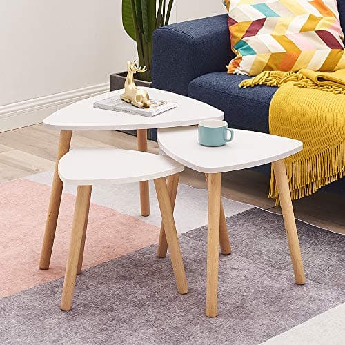 Image of Panana Triangle Nest of 3 Tables, Modern Coffee table Tea End Table Wooden Side Table with Sturdy Legs Living Room Lounge funiture (White)