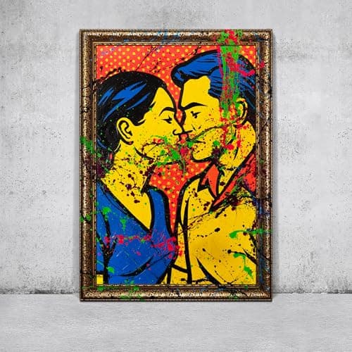 Image of YS-Art Original Handmade Pop Art Couple Kiss Acrylic Canvas Colorful Romantic Street Style Painting Modern Wall Decor 48x32 inches