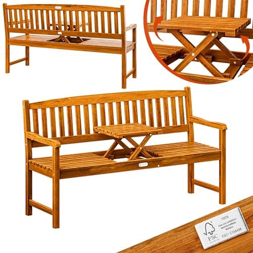 Image of CASARIA® Picnic Wooden Garden Bench | FSC®-Certified Eucalyptus Wood | Integrated Folding Table | Outdoor Garden Patio Deck Balcony Furniture | 3 -Seater | Brown 153x57x90cm