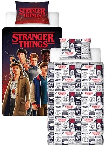 Image of Stranger Things Officially Licensed Flames Design Single Duvet Cover Set | Reversible 2 Sided Bedding Including Matching Pillow Case | Perfect For Kids Bedroom | Polycotton