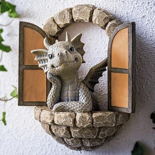 Image of LSDZHK Courtyard Dragon Sculpture Wall Decoration, Weatherproof Resin Statue Miniatures, Lovely Resin Garden Dragon Statue Art Figurines Decor Ornaments for Patio Yard (Style A)