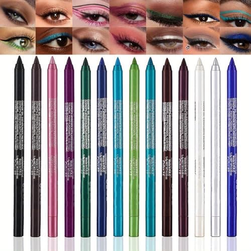 Image of 14-Piece Waterproof Eyeliner Pencil Set with Creamy Gel Formula for Lining & Shading - Water-Resistant, Smudge-Proof Long Wear Pencils in Matte & Shimmer Finishes, Black Brown Purple Pink Green Blue