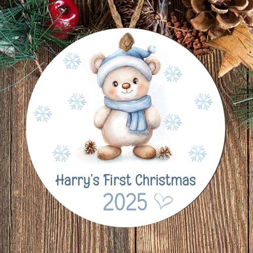 Image of Personalised Baby's First Ornament Hanging Plaque Cute Boys Festive Tree Decoration For 1st Christmas Keepsake Gifts (Teddy bear, MDF Wood - Indoor Use Only)