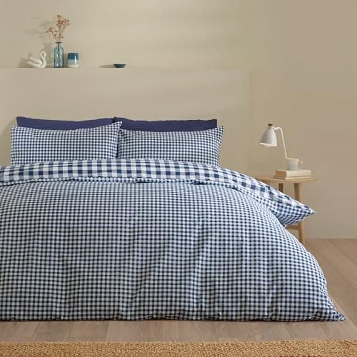 Image of Catherine Lansfield Bamford Gingham Check Reversible Double Duvet Cover Set with Pillowcases Navy Blue