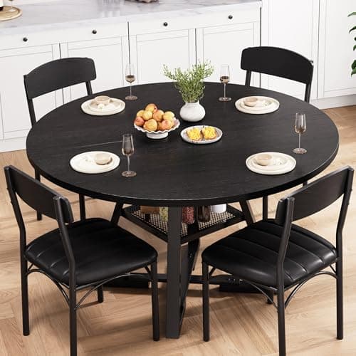 Image of Jocoevol Round Dining Table and 4 Chairs Set of 4, Circle Dinner Table with Shelves, Space Saving Wood Kitchen & Dining Room Furniture (Black, 42 inch)