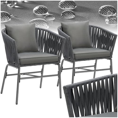 Image of tectake® Set of 2 Garden Chairs in Modern Rope Design with Thick Cushions & Water-Repellent Covers, Armchair Set with Sturdy Steel Frame, Ideal Patio, Balcony & Garden Furniture Set - Dark Grey