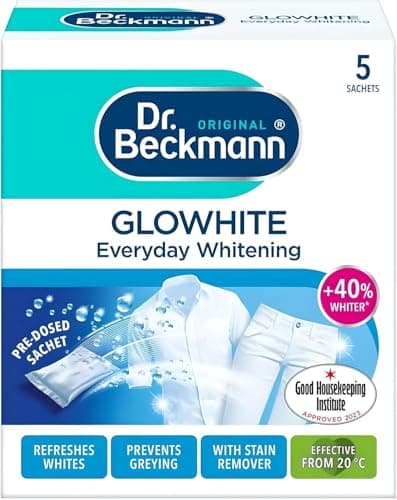 Image of Dr Beckmann Glowhite Fabric Whitener 5x 40g Sachets - Whitening Powder for Whites - Brightens Dull Grey Laundry - Works with Detergent - Machine Wash Fabric Brightener - Keeps Whites White