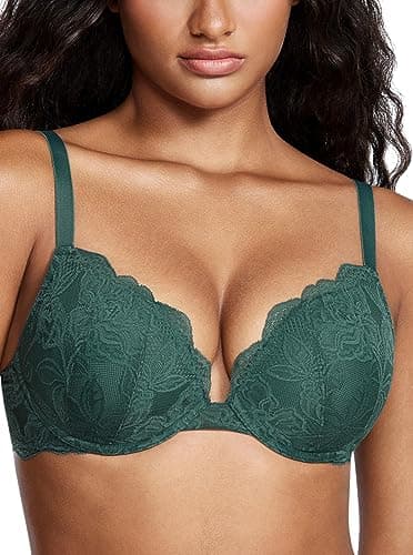 Image of DOBREVA Women's Push Up Lace Bra Sexy Plunge Padded Underwire Support Bras Lift Up Midnight Emerald 34B