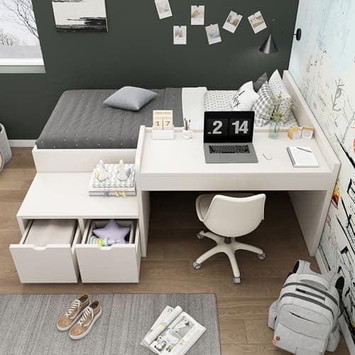 Image of Merax Bunk Beds, Kids Single Wooden Storage Bed with Desk and Drawers, with Slatted Frame, Lying Surface for Teenagers & Adults, White, 90 x190 cm
