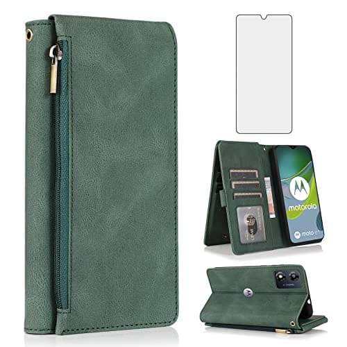 Image of Asuwish Compatible with Motorola Moto E13 Wallet Case Tempered Glass Screen Protector and Zipper Retro Leather Flip Cover Card Holder Stand Cell Accessories for MotoE13 MotoE E 13 6.5” Women Men Green