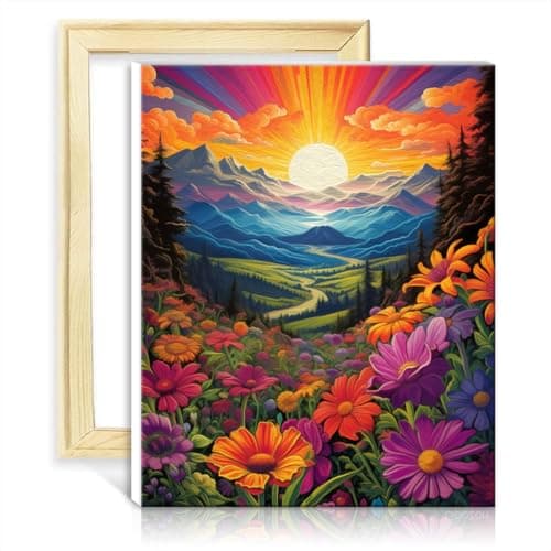 Image of TANGFEIY on Canvas Painting Mountain Landscape Wild Flowers Adults Beginner Kids Acrylic Painting with Brushes and Acrylic Pigment Wall Art Vibrant No Frame(40x50cm)