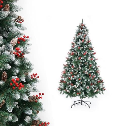 Image of APICIZON 1.5m/5ft Artificial Christmas Tree with PineCones & Berries, Snowy Flocked Xmas Tree with 600 Branch Tips, Christmas Decorations