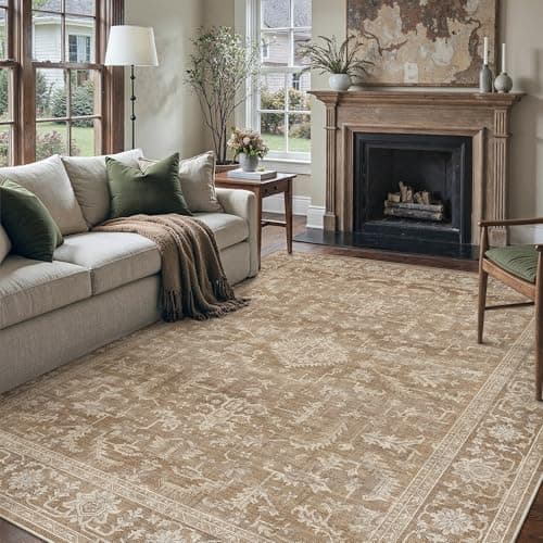 Image of PureCozy Brown Rugs Living Room 200x300cm Vintage Machine Washable Non Slip Area Rugs Boho Large Lightweight Carpet for Dining Room Home Office Bedroom Hall Home
