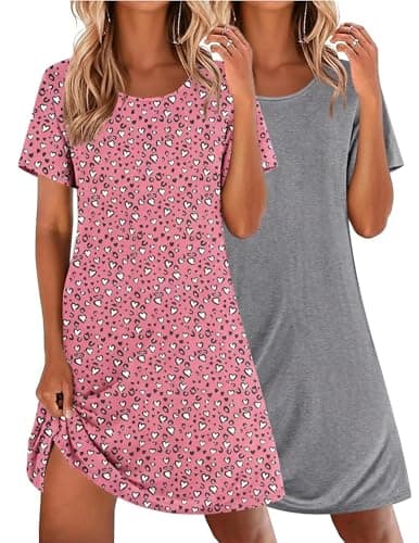 Image of Ekouaer Ladies Cotton Short Nighties Nightdress for Women Short Sleeve Nighties Comfortable Sleepwear, Pink heart+Grey, M