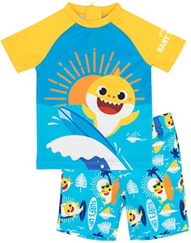 Image of Baby Shark Swimsuit for Boys | 2 Piece T-Shirt Shorts Baby Children Yellow Blue Song Surf Swimming Costume | Short Sleeve with Elasticated Waistband