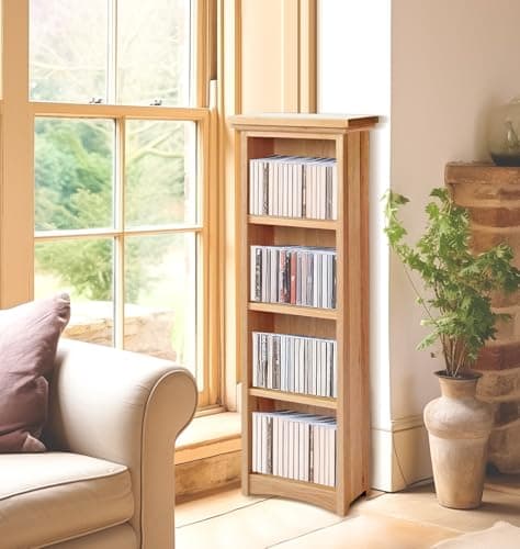Image of Hallowood Furniture Camberley Oak DVD Shelf Unit, CD Rack with 3 Shelves, Solid Wooden Media Storage Unit for 96 CDs or 68 DVDs, Slim Bookcase, Light Oak Furniture for Living Room or Bedroom