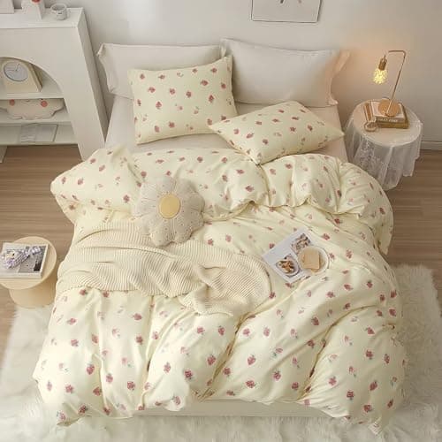 Image of Tabeskly Kids Girls Bedding Set Double, Yellow Strawberry Cute Soft Zipper Childrens Full Bed 3 Piece Cover Duvet Quilt Covers and Pillowcases - Mildly Cosy Budget Bedclothes 200×200cm