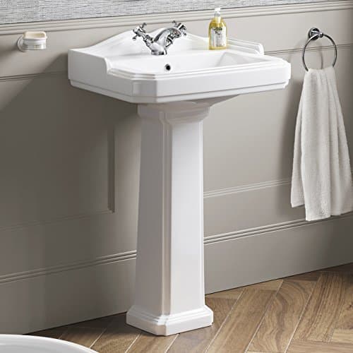 Image of Traditional Ceramic Pedestal Wash Basin Sink with Single Tap Hole White Bathroom