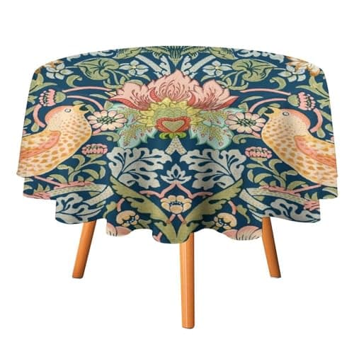 Image of COALHO Rustic Mid Century Boho Art Round Tablecloth Polyester Round Table Cloth,Abstract William Morris Floral Spring Bird Fruit PrintsCircular Table Cloth For Kitchen Dinner-36