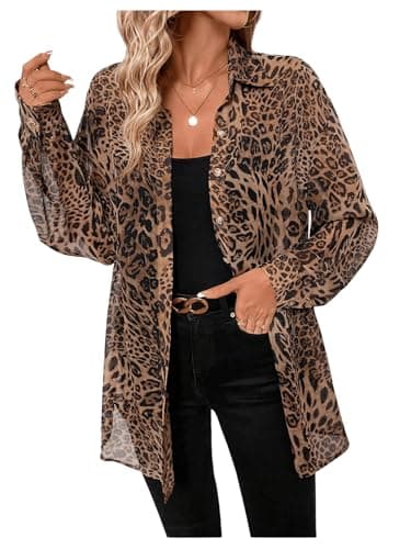Image of GORGLITTER Women's Chiffon Sheer Blouses Leopard Print Long Sleeve Button Down Collared Loose Elegant Shirts Brown Medium
