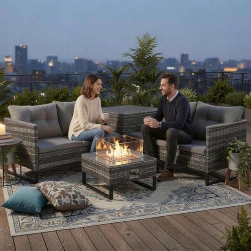 Image of BIRCHTREE Rattan Furniture Set 4-Seater Corner Sofa Set with Fire Pit Table & Side Storage Box, Weather-Resistant Outdoor Patio Garden with Cushions, Grey