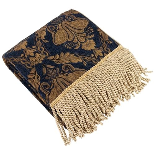 Image of Paoletti Shiraz Floral Jacquard Fringed Throw, 130 x 170cm, Navy