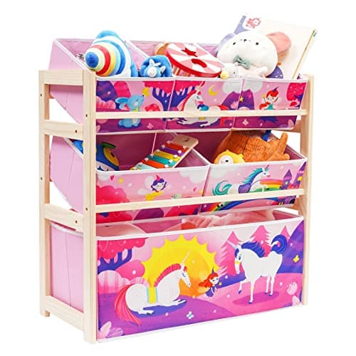 Image of HOMCENT Kids Toy Storage Organizer - 6 Removable Fabric Bins, Pine Wood Playroom Toy Shelf for Bedroom, Pink