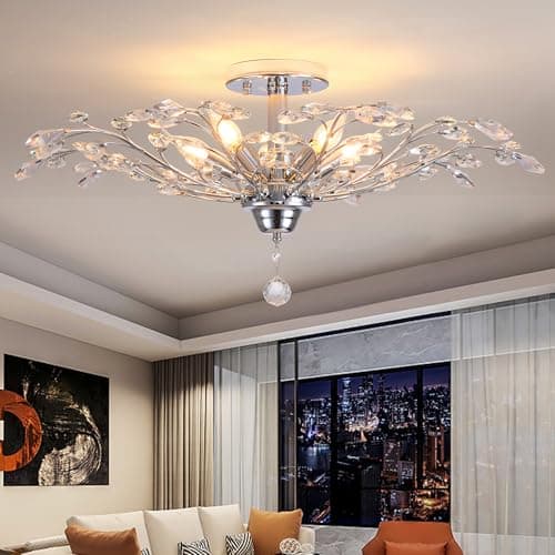 Image of Ganeed Vintage K9 Clear Crystal Chandeliers Ceiling Lighting,Pendant Lighting Flush Mounted Fixture for Living Room Dinning Room Restaurant Porch Hallway Silver 5 Lights
