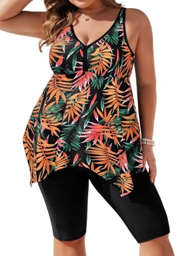 Image of Hanna Nikole 2 Piece Tankini Sets for Women,Plus Size Tummy Control Swimsuits with Pockets,Irregular Hem Swimming Costume Women,V Neck Modest Bathing Suit with Boyshorts Orange Leaves & Black 22