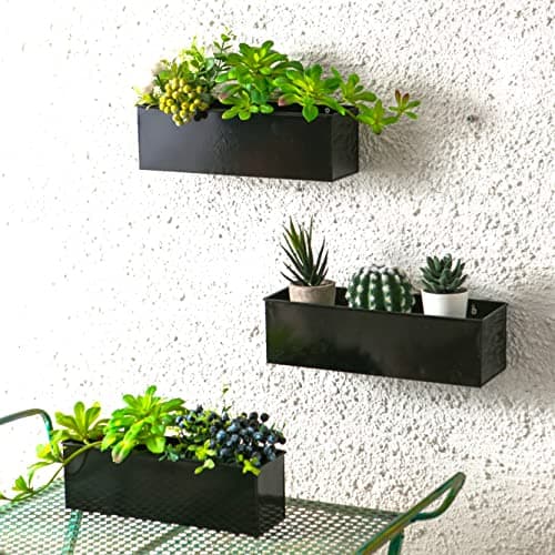 Image of LaLaGreen Wall Planter - 3 Pack, 12 Inch Large Wall Mount Succulent Planters Black, Wall Hanging Rectangle Metal Flower Pot Window Planter Box Fence Railings Minimalist Floating Shelve Indoor Outdoor